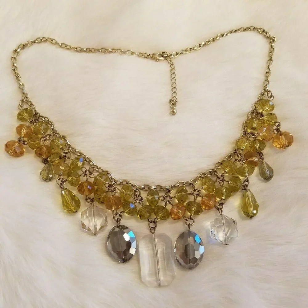 Victorian Regency Glass Bib Necklace Green Gold Tone Festival‎ Gypsy Chunky 2366
